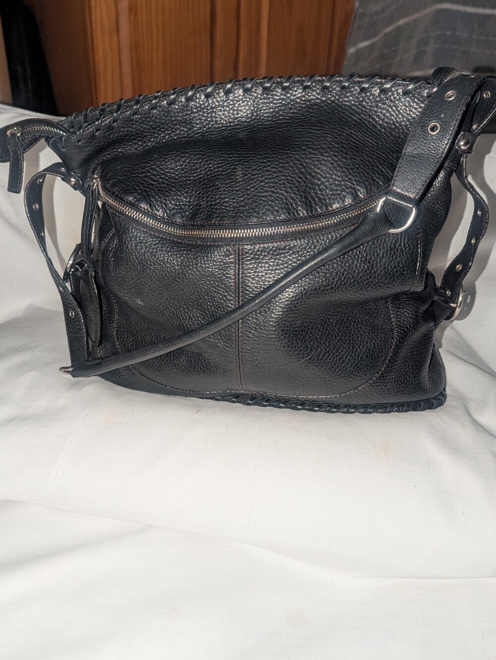 Furla Black Pebbled Leather Whipstich Shoulder Bag